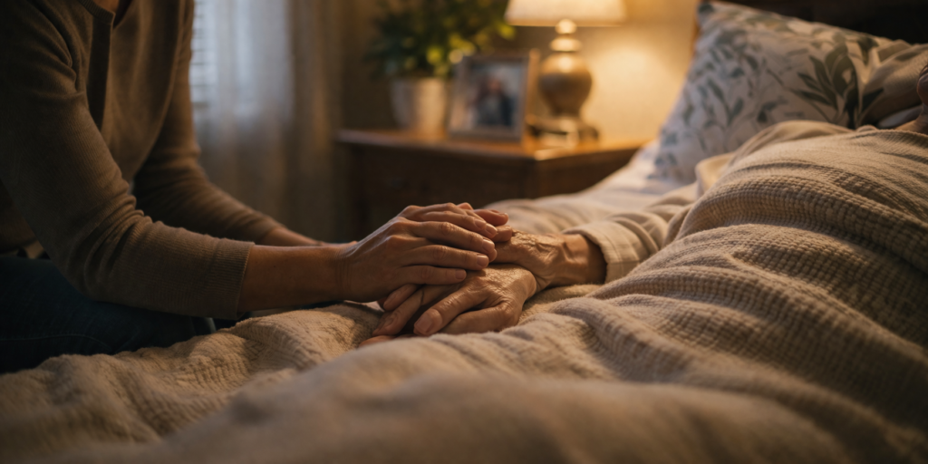 Comforting bedside moment in soft light